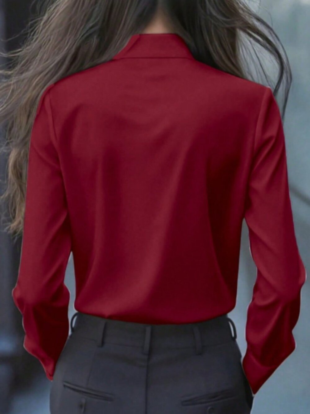 Burgundy Elegant Women's Long Sleeve Blouse with Tie Collar, Ruffle-Bow - Picture 2 of 5